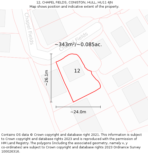 12, CHAPEL FIELDS, CONISTON, HULL, HU11 4JN: Plot and title map