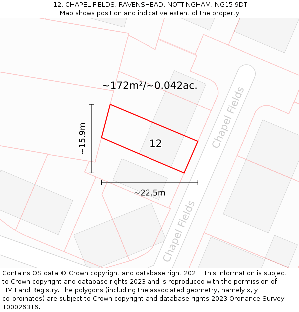 12, CHAPEL FIELDS, RAVENSHEAD, NOTTINGHAM, NG15 9DT: Plot and title map