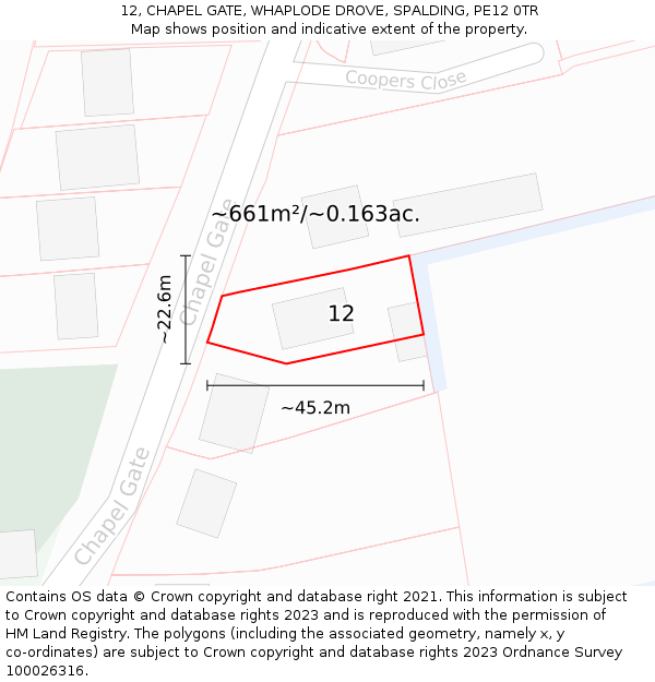 12, CHAPEL GATE, WHAPLODE DROVE, SPALDING, PE12 0TR: Plot and title map