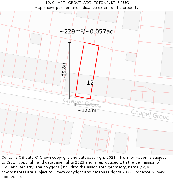 12, CHAPEL GROVE, ADDLESTONE, KT15 1UG: Plot and title map
