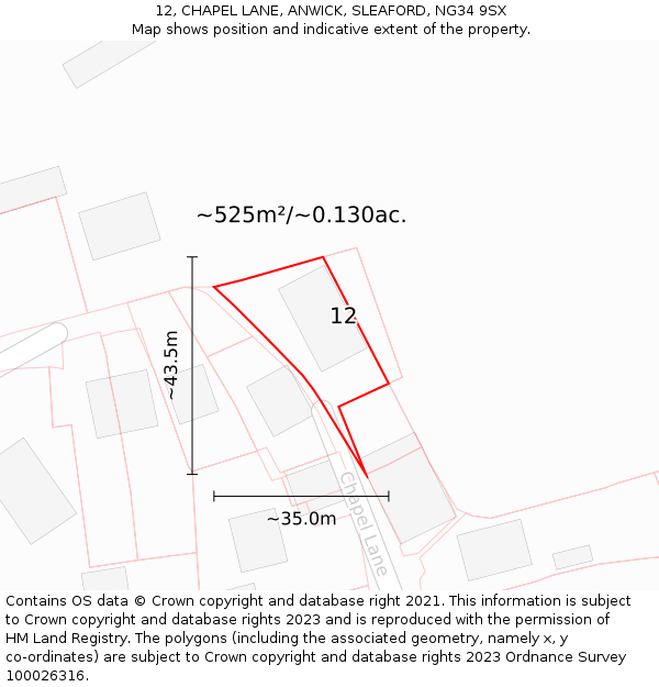 12, CHAPEL LANE, ANWICK, SLEAFORD, NG34 9SX: Plot and title map