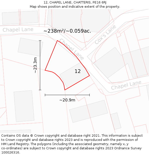 12, CHAPEL LANE, CHATTERIS, PE16 6RJ: Plot and title map