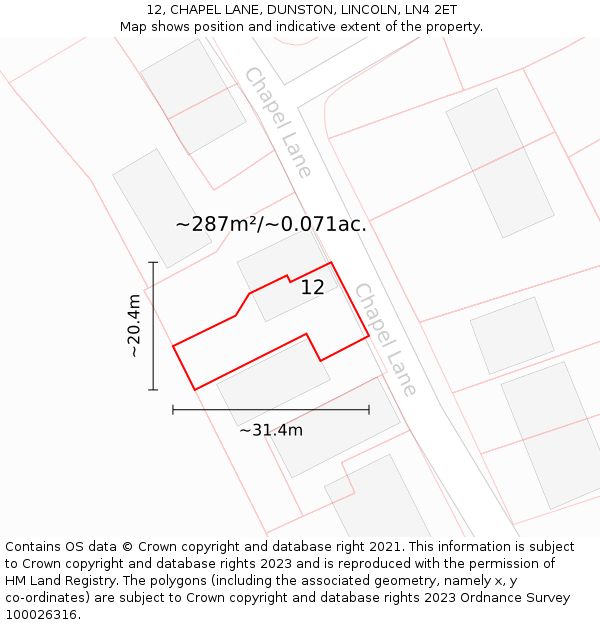 12, CHAPEL LANE, DUNSTON, LINCOLN, LN4 2ET: Plot and title map