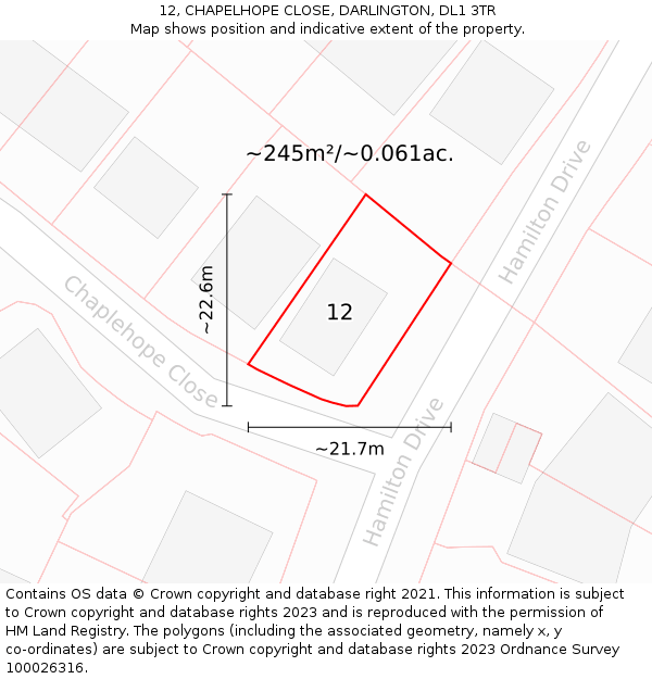 12, CHAPELHOPE CLOSE, DARLINGTON, DL1 3TR: Plot and title map