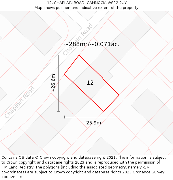 12, CHAPLAIN ROAD, CANNOCK, WS12 2UY: Plot and title map