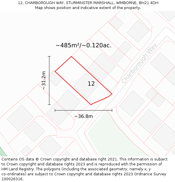 12, CHARBOROUGH WAY, STURMINSTER MARSHALL, WIMBORNE, BH21 4DH: Plot and title map
