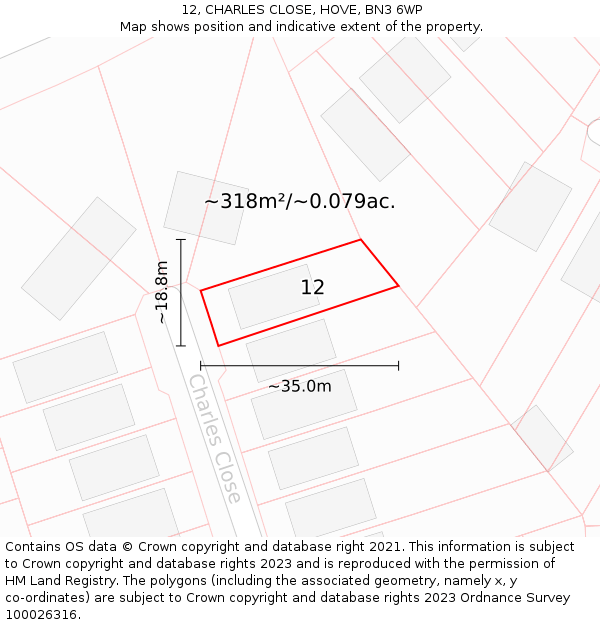 12, CHARLES CLOSE, HOVE, BN3 6WP: Plot and title map