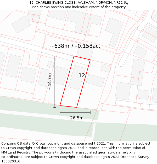 12, CHARLES EWING CLOSE, AYLSHAM, NORWICH, NR11 6LJ: Plot and title map