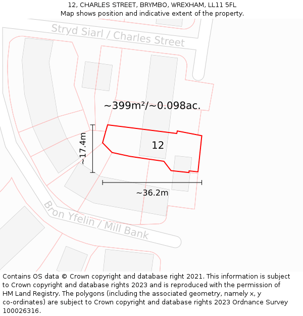 12, CHARLES STREET, BRYMBO, WREXHAM, LL11 5FL: Plot and title map