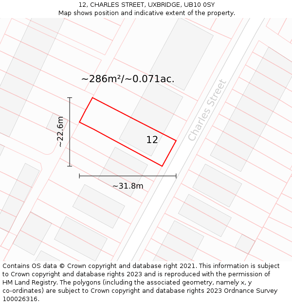 12, CHARLES STREET, UXBRIDGE, UB10 0SY: Plot and title map