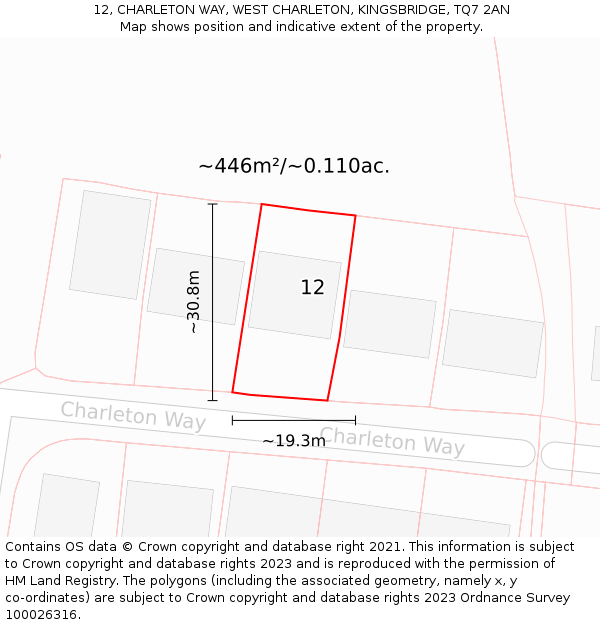 12, CHARLETON WAY, WEST CHARLETON, KINGSBRIDGE, TQ7 2AN: Plot and title map