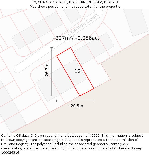 12, CHARLTON COURT, BOWBURN, DURHAM, DH6 5FB: Plot and title map