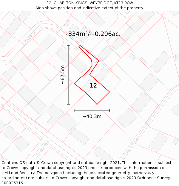 12, CHARLTON KINGS, WEYBRIDGE, KT13 9QW: Plot and title map