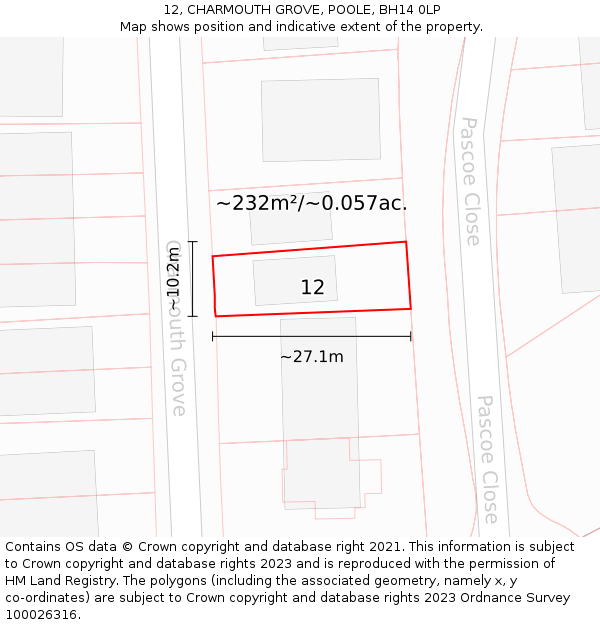 12, CHARMOUTH GROVE, POOLE, BH14 0LP: Plot and title map
