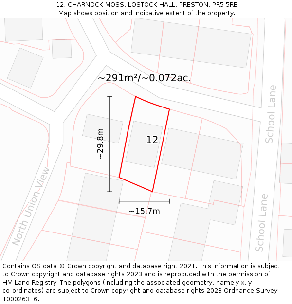 12, CHARNOCK MOSS, LOSTOCK HALL, PRESTON, PR5 5RB: Plot and title map