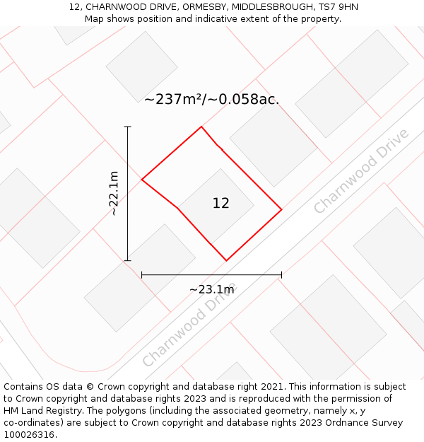 12, CHARNWOOD DRIVE, ORMESBY, MIDDLESBROUGH, TS7 9HN: Plot and title map