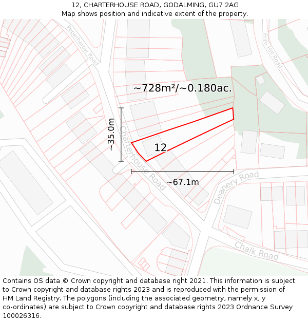 12, CHARTERHOUSE ROAD, GODALMING, GU7 2AG: Plot and title map