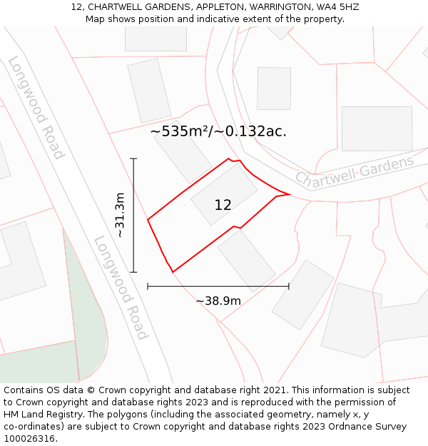 12, CHARTWELL GARDENS, APPLETON, WARRINGTON, WA4 5HZ: Plot and title map