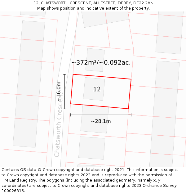 12, CHATSWORTH CRESCENT, ALLESTREE, DERBY, DE22 2AN: Plot and title map