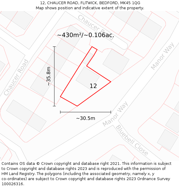 12, CHAUCER ROAD, FLITWICK, BEDFORD, MK45 1QG: Plot and title map