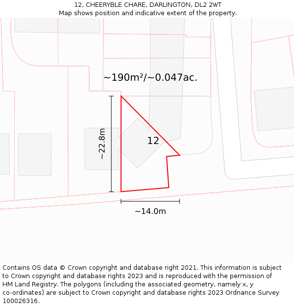 12, CHEERYBLE CHARE, DARLINGTON, DL2 2WT: Plot and title map