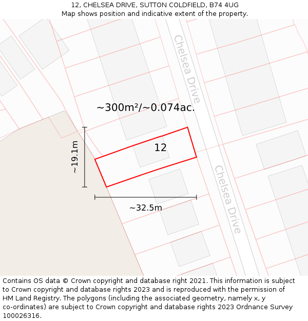 12, CHELSEA DRIVE, SUTTON COLDFIELD, B74 4UG: Plot and title map