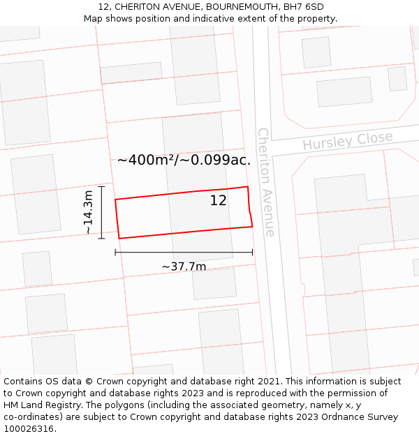 12, CHERITON AVENUE, BOURNEMOUTH, BH7 6SD: Plot and title map