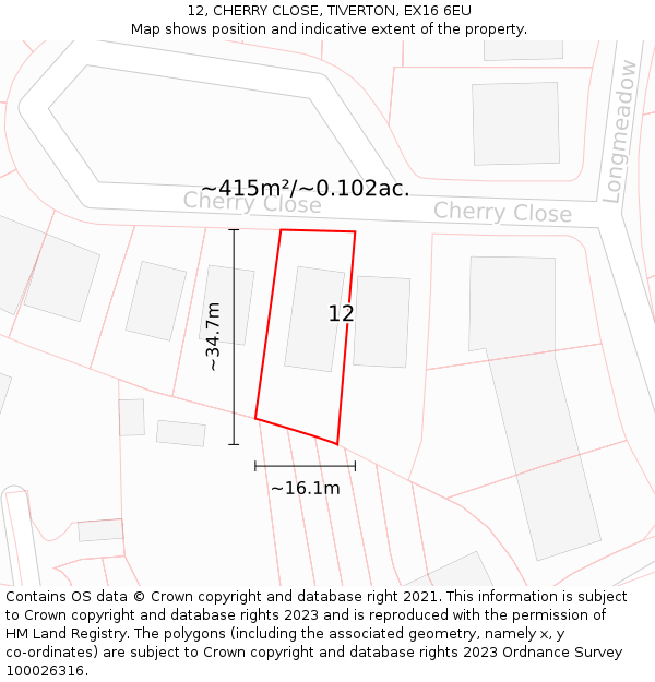 12, CHERRY CLOSE, TIVERTON, EX16 6EU: Plot and title map