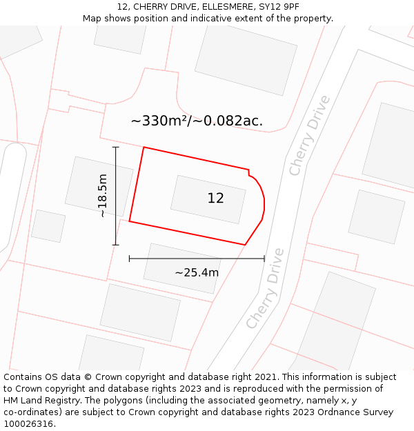 12, CHERRY DRIVE, ELLESMERE, SY12 9PF: Plot and title map