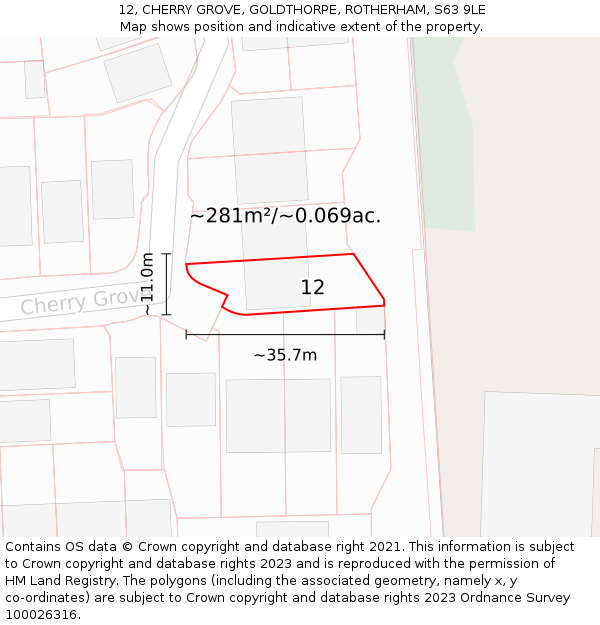 12, CHERRY GROVE, GOLDTHORPE, ROTHERHAM, S63 9LE: Plot and title map