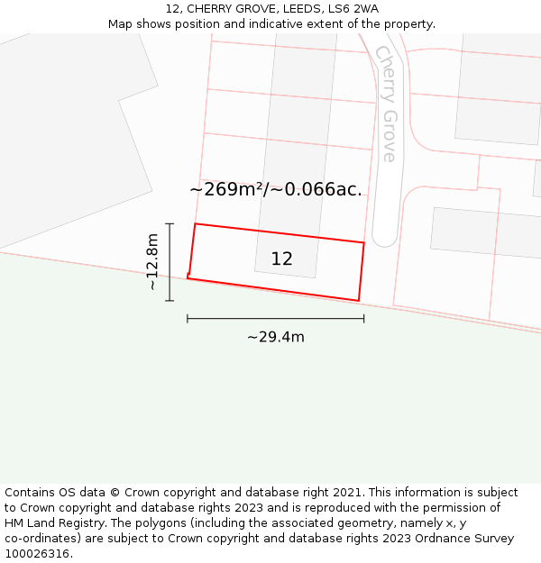 12, CHERRY GROVE, LEEDS, LS6 2WA: Plot and title map