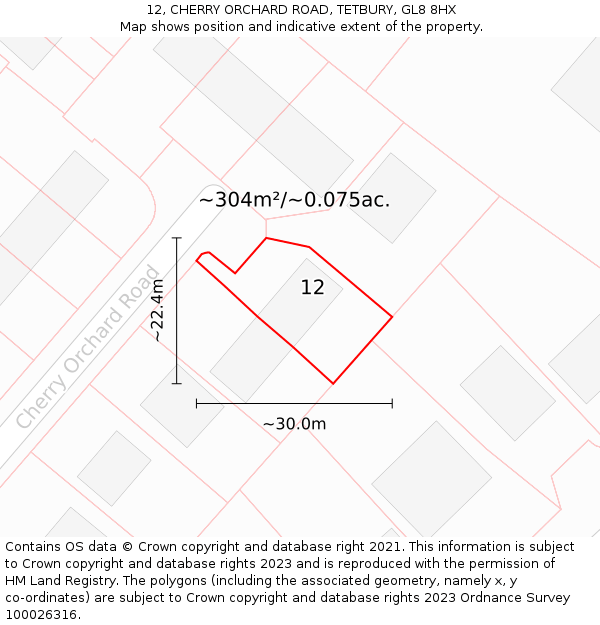 12, CHERRY ORCHARD ROAD, TETBURY, GL8 8HX: Plot and title map