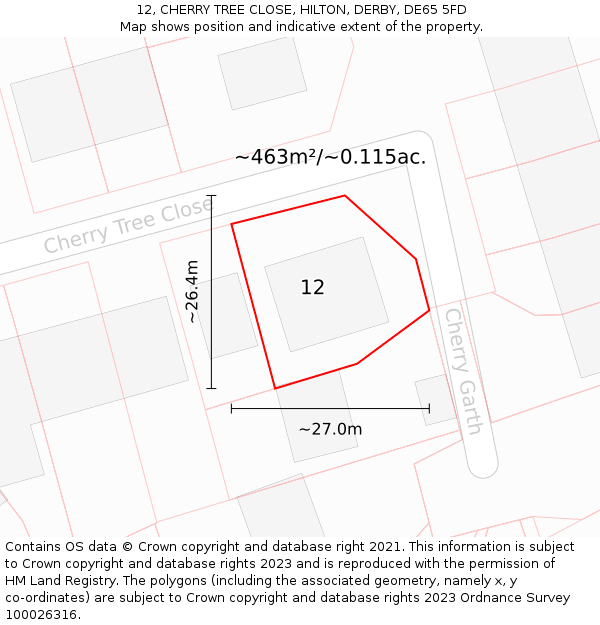 12, CHERRY TREE CLOSE, HILTON, DERBY, DE65 5FD: Plot and title map