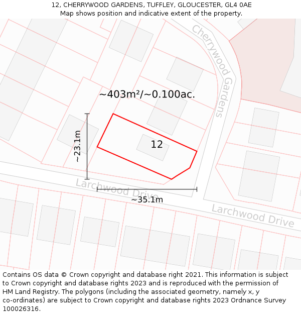 12, CHERRYWOOD GARDENS, TUFFLEY, GLOUCESTER, GL4 0AE: Plot and title map