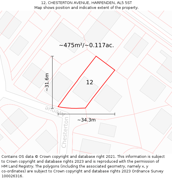 12, CHESTERTON AVENUE, HARPENDEN, AL5 5ST: Plot and title map