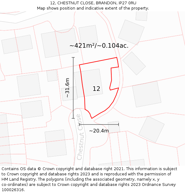 12, CHESTNUT CLOSE, BRANDON, IP27 0RU: Plot and title map