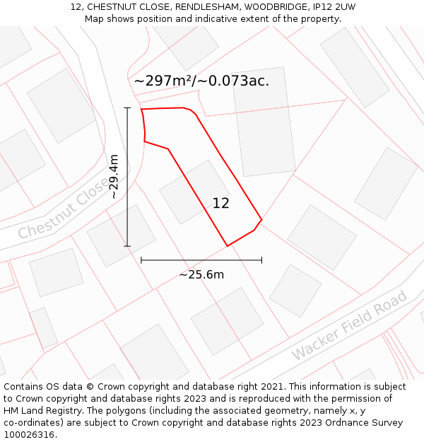 12, CHESTNUT CLOSE, RENDLESHAM, WOODBRIDGE, IP12 2UW: Plot and title map