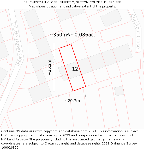 12, CHESTNUT CLOSE, STREETLY, SUTTON COLDFIELD, B74 3EF: Plot and title map