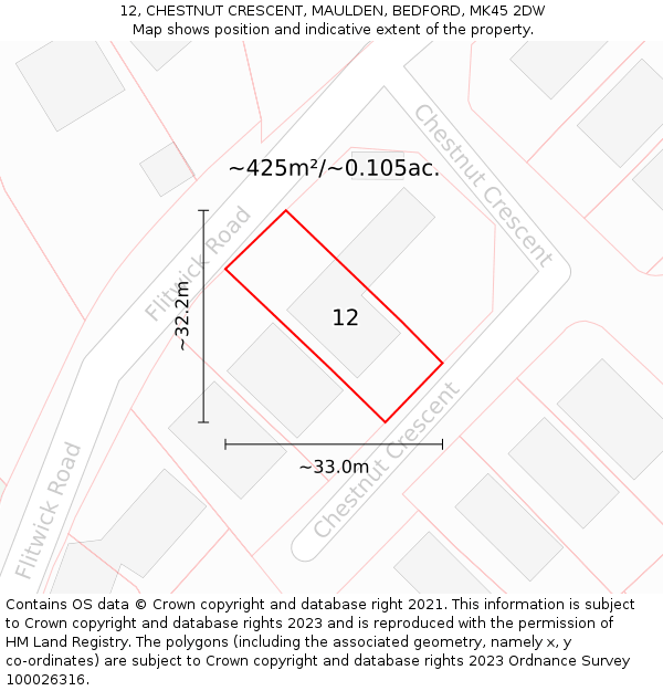 12, CHESTNUT CRESCENT, MAULDEN, BEDFORD, MK45 2DW: Plot and title map