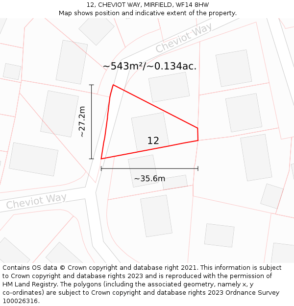 12, CHEVIOT WAY, MIRFIELD, WF14 8HW: Plot and title map