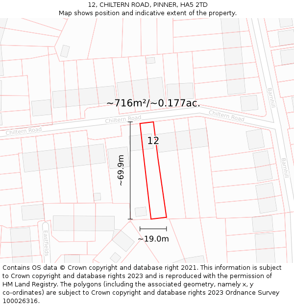 12, CHILTERN ROAD, PINNER, HA5 2TD: Plot and title map