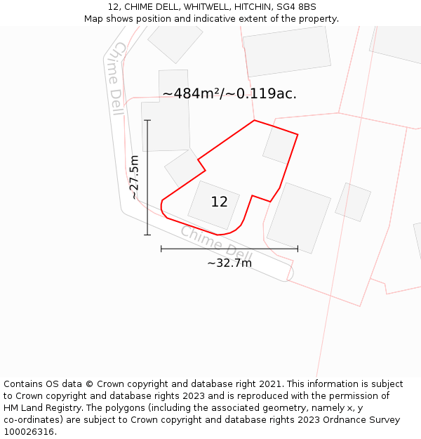 12, CHIME DELL, WHITWELL, HITCHIN, SG4 8BS: Plot and title map