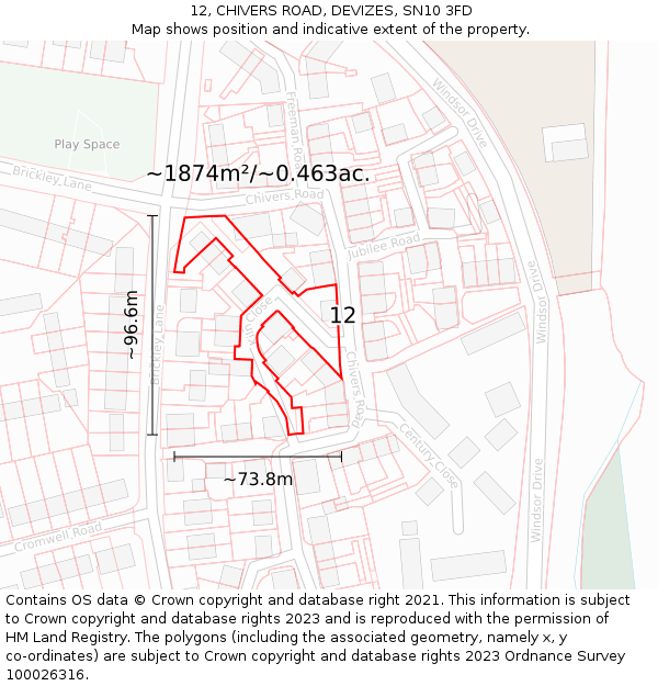 12, CHIVERS ROAD, DEVIZES, SN10 3FD: Plot and title map