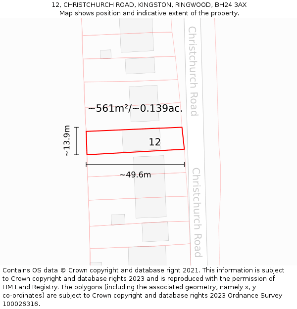 12, CHRISTCHURCH ROAD, KINGSTON, RINGWOOD, BH24 3AX: Plot and title map
