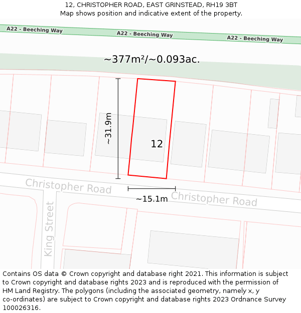 12, CHRISTOPHER ROAD, EAST GRINSTEAD, RH19 3BT: Plot and title map