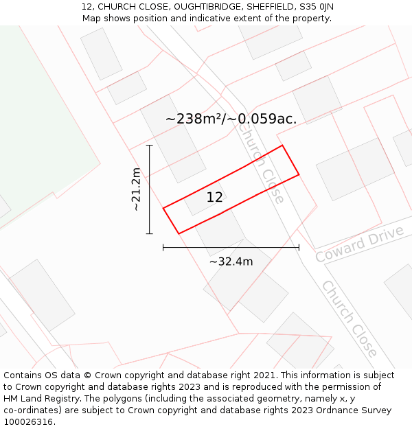 12, CHURCH CLOSE, OUGHTIBRIDGE, SHEFFIELD, S35 0JN: Plot and title map