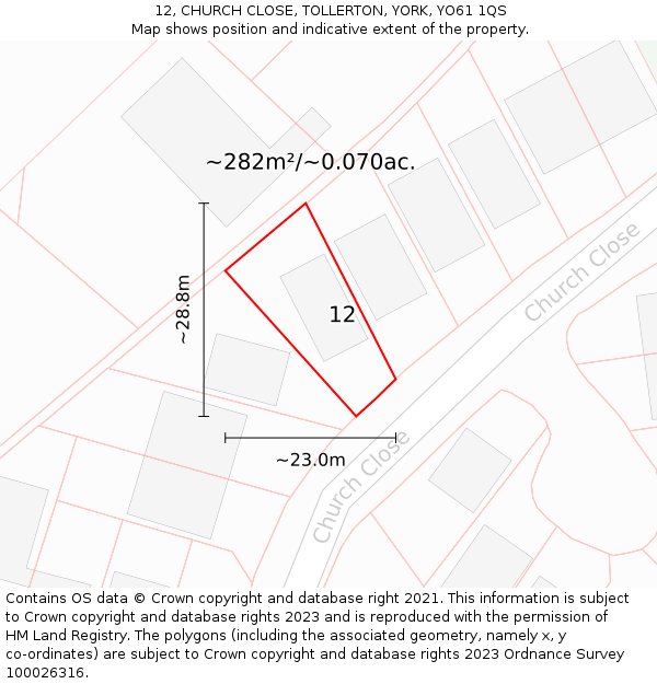 12, CHURCH CLOSE, TOLLERTON, YORK, YO61 1QS: Plot and title map