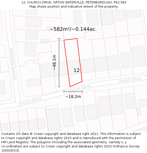 12, CHURCH DRIVE, ORTON WATERVILLE, PETERBOROUGH, PE2 5EX: Plot and title map