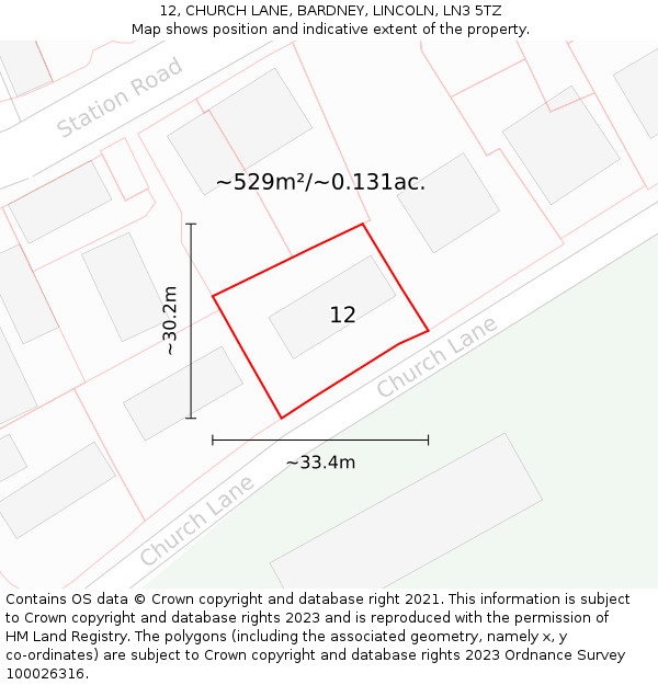 12, CHURCH LANE, BARDNEY, LINCOLN, LN3 5TZ: Plot and title map