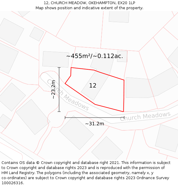 12, CHURCH MEADOW, OKEHAMPTON, EX20 1LP: Plot and title map